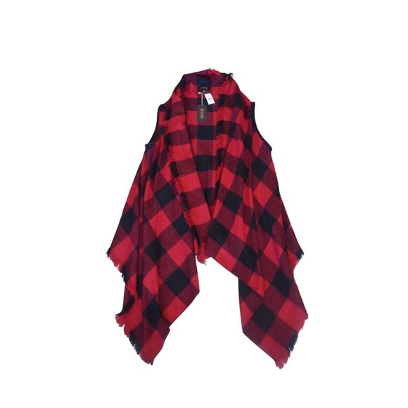 NWT Shyanne Fringe Check Draped Vest Handkerchief Hem Women's One Size Black Red - Picture 6 of 6
